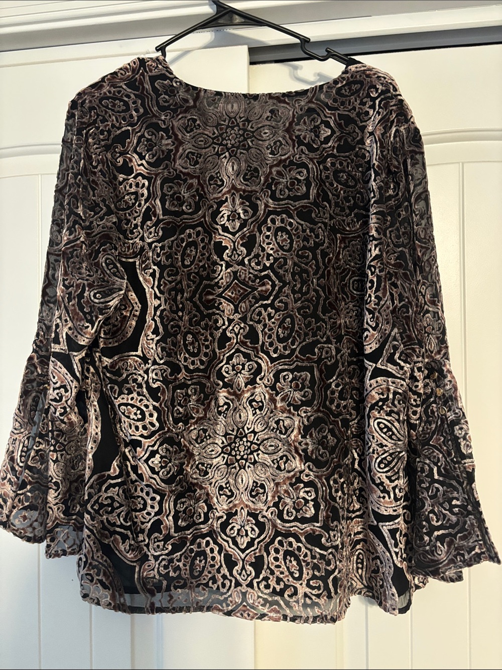 Chico's Black and Rose Velvet Burnout V-Neck Tunic - Picture 2 of 3